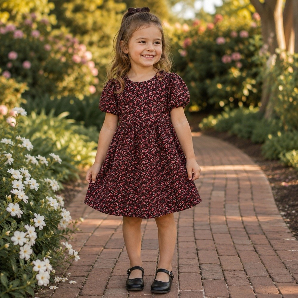 Gap Black and Red Floral Corduroy Puff Sleeve Dress Holiday Dainty Girl's XL
